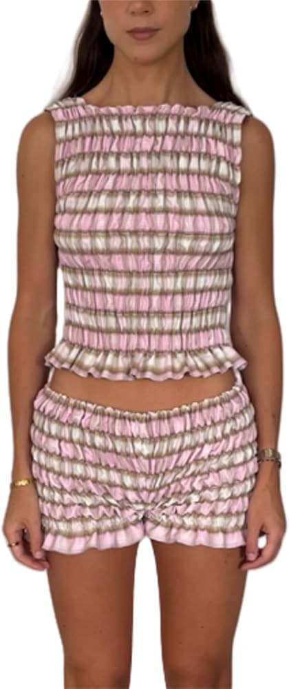 Yuemengxuan Women Two Piece Summer Outfits 2Pcs Pajamas Set Sleeveless Smocked Shirred Tank Top P... | Amazon (US)