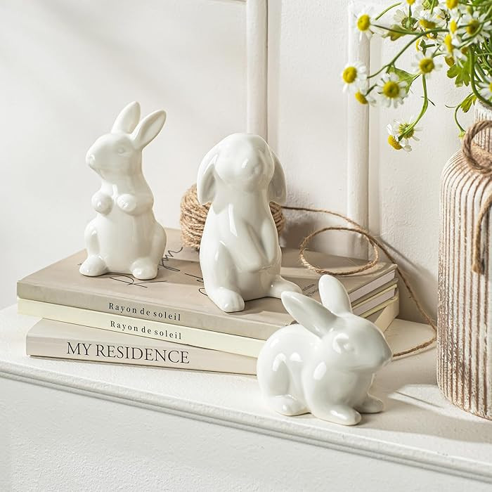 3Pcs Easter Porcelain Bunny Figurine Ceramic, Bunny Rabbits Statue for Spring Home Decor, Easter ... | Amazon (US)