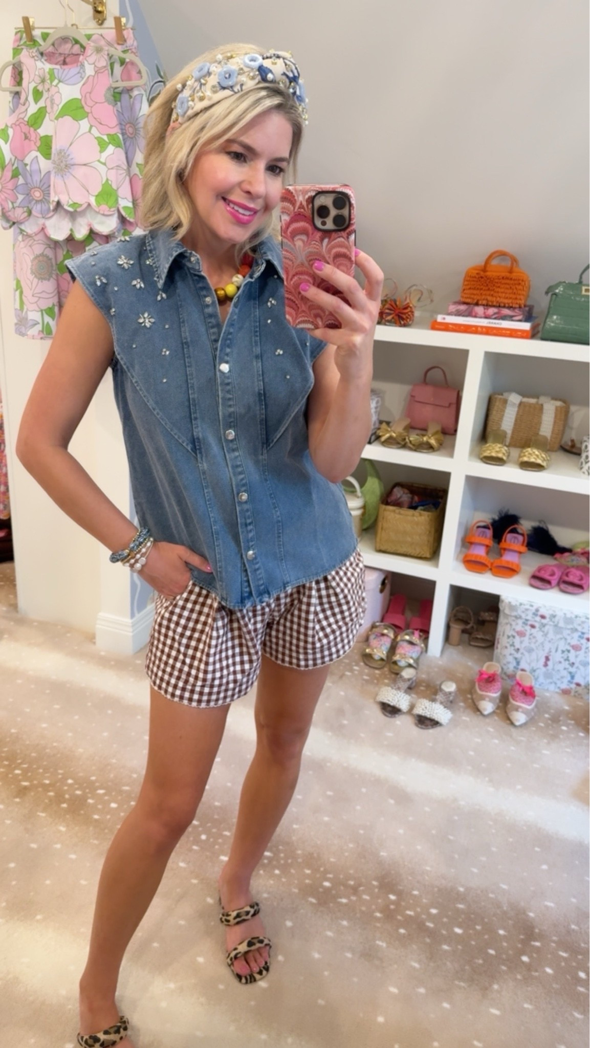 Denim embellished top 🌟 

Gingham shorts both in my regular size 

Leopard heels 🐆 

Best colorful bubble necklace just $17!

#LTKdayinmylife #LTKootd #LTKSaleAlert