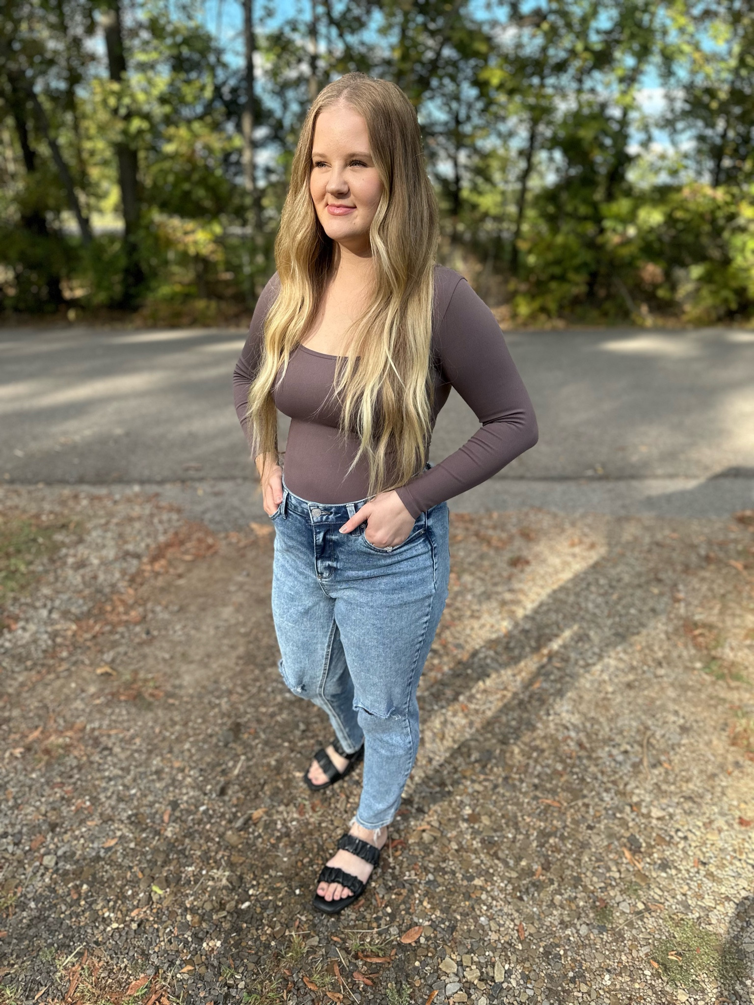 Chocolate bodysuit size small mom jeans size 6 and sandals size 8, good transition outfit for pre-fall! Simple fall outfit 

#LTKStyleTip #LTKU #LTKFindsUnder50