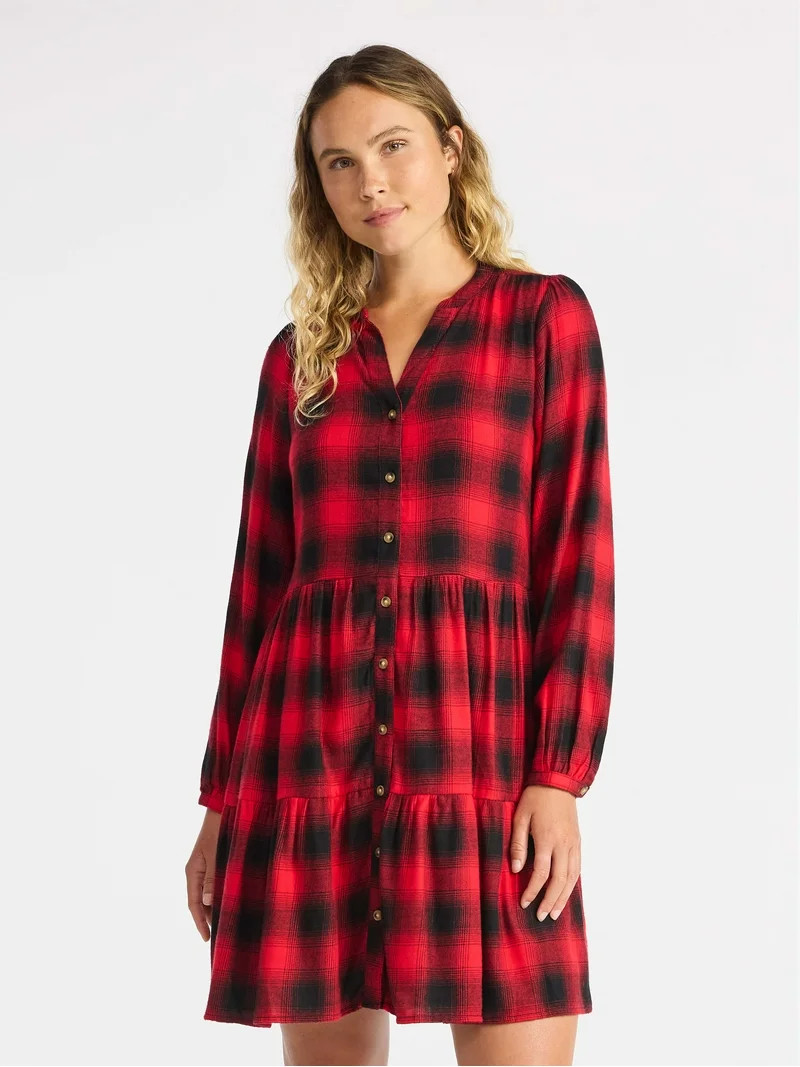Time and Tru Women's Tiered Plaid Flannel Dress, Sizes XS – XXXL | Walmart (US)