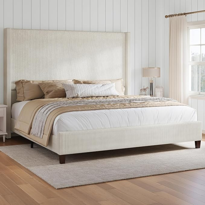 King Size Bed Frame with 61.4" Extra Tall Headboard, Corduroy Upholstered Bed with Vertical Wingb... | Amazon (US)
