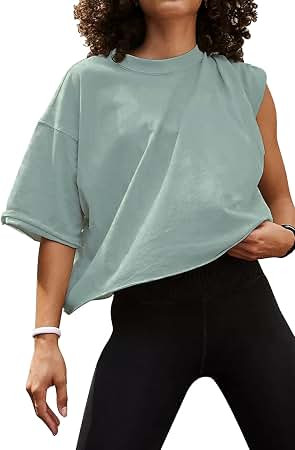 HUGOOME Womens Oversized Workout Crop Top Casual Short Sleeve Boxy Roll Hem | Basic Half Split Sl... | Amazon (US)