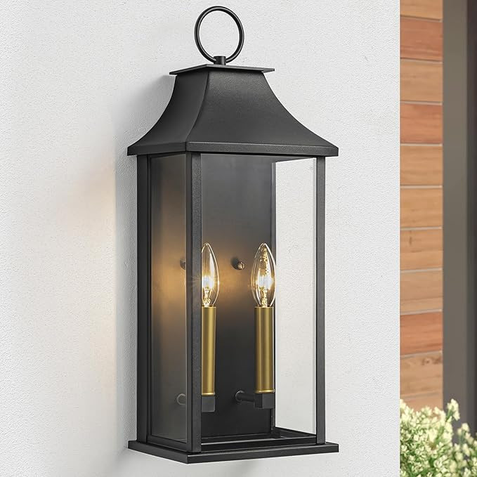 Dusk to Dawn Outdoor Wall Lantern 2-Light, 21" Large Outside Wall Sconce, Modern Black Wall Light... | Amazon (US)