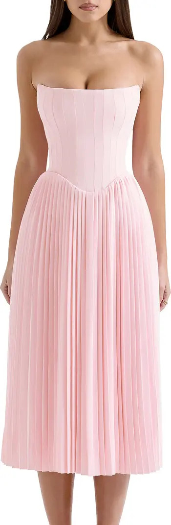 Marci Corset Pleated Strapless Midi Dress | Nordstrom