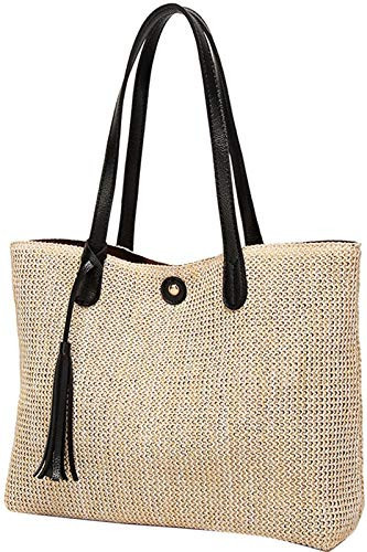 QZUnique Straw Handbags Women's Summer Straw Bucket Tote Bag Hand Woven Handbag Tassel Shoulder Bag Purse Black | Amazon (US)