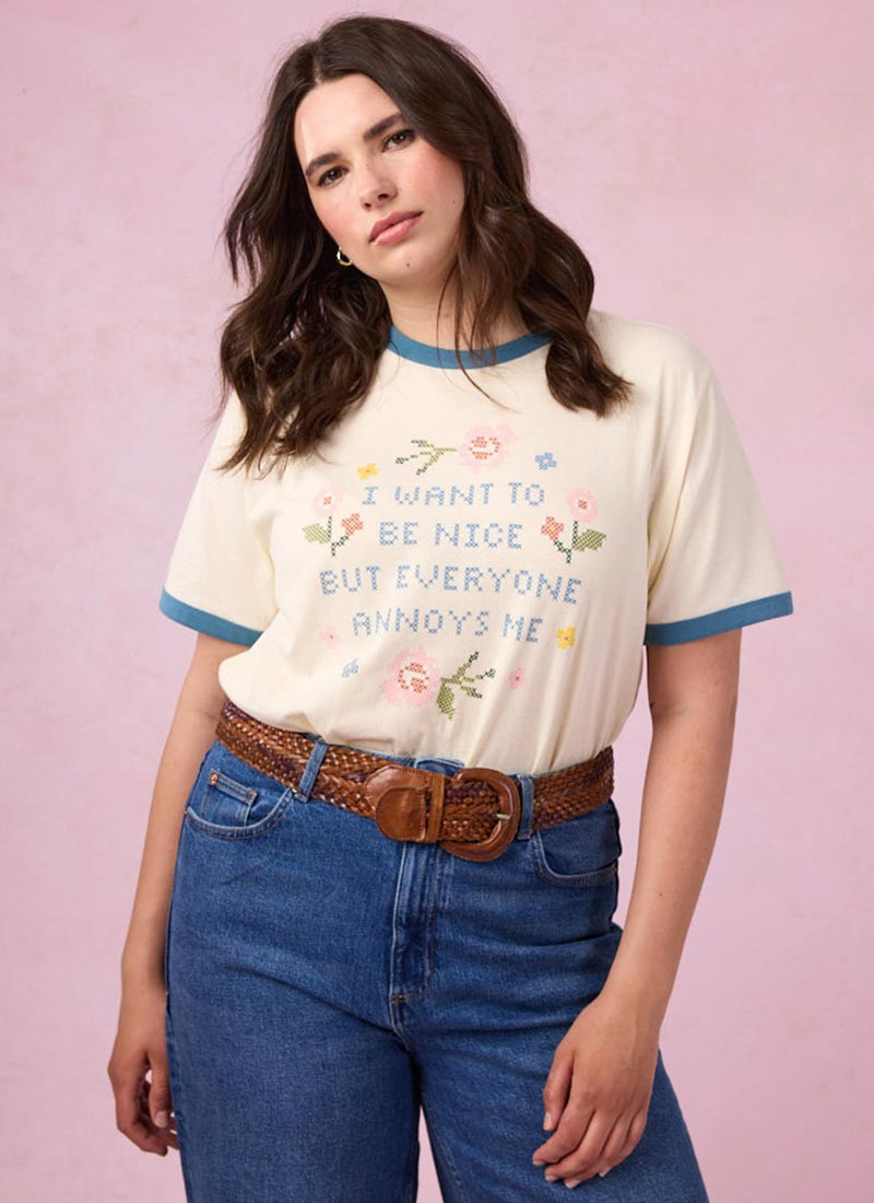 Rosie Cross Stitch Graphic Slogan Ringer Tee | Joanie