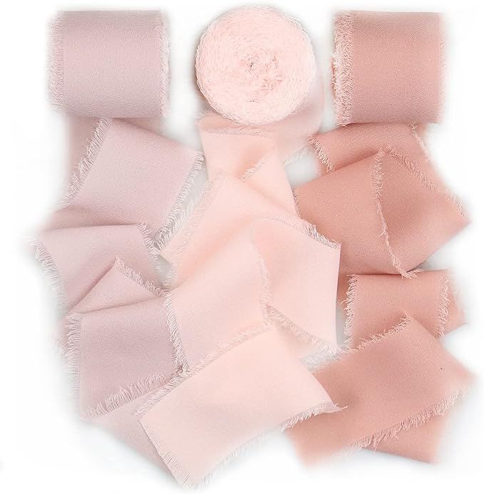 SHUNSTONE Mixed Pink Chiffon Ribbon Fringe Silk Ribbon 1.5" x 7Yd Dusty Rose Mauve Ribbon for Wed... | Amazon (US)