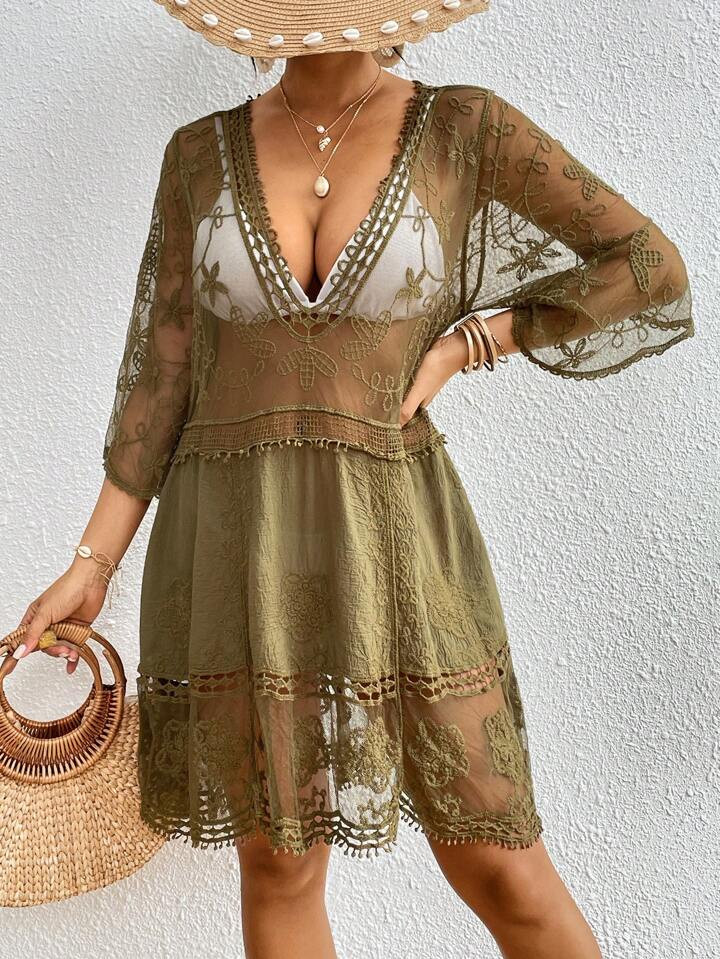 SHEIN Swim Vcay Women Summer Beach Holiday Plant Embroidery Sheer Deep V-Neck Perspective 3/4 Sle... | SHEIN
