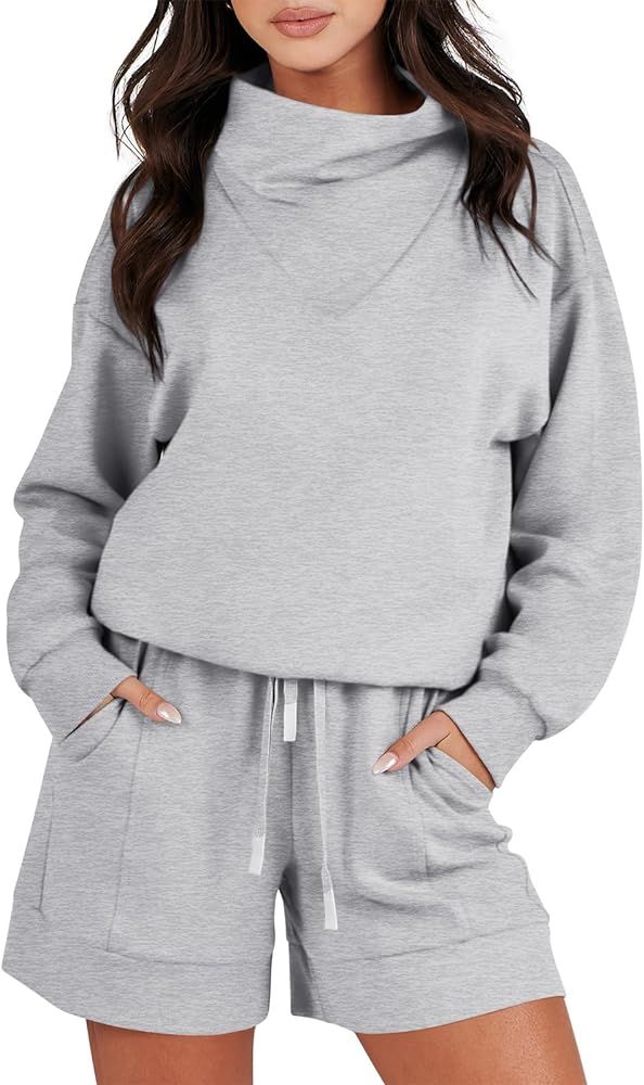 Caracilia Women 2 Piece Outfits Loose Sweatsuits Fashion Cowl Neck Sweatshirts & Shorts Set Loung... | Amazon (US)
