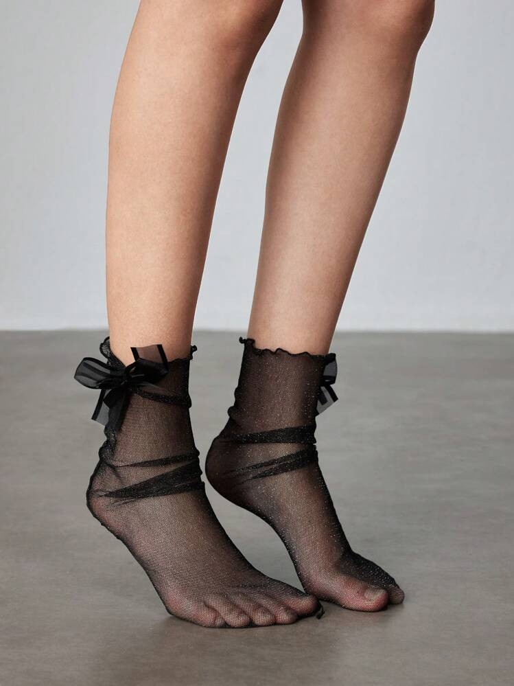 ROMWE Kawaii Women Mid-Calf Socks With Bow Decor & Glittering Details | SHEIN