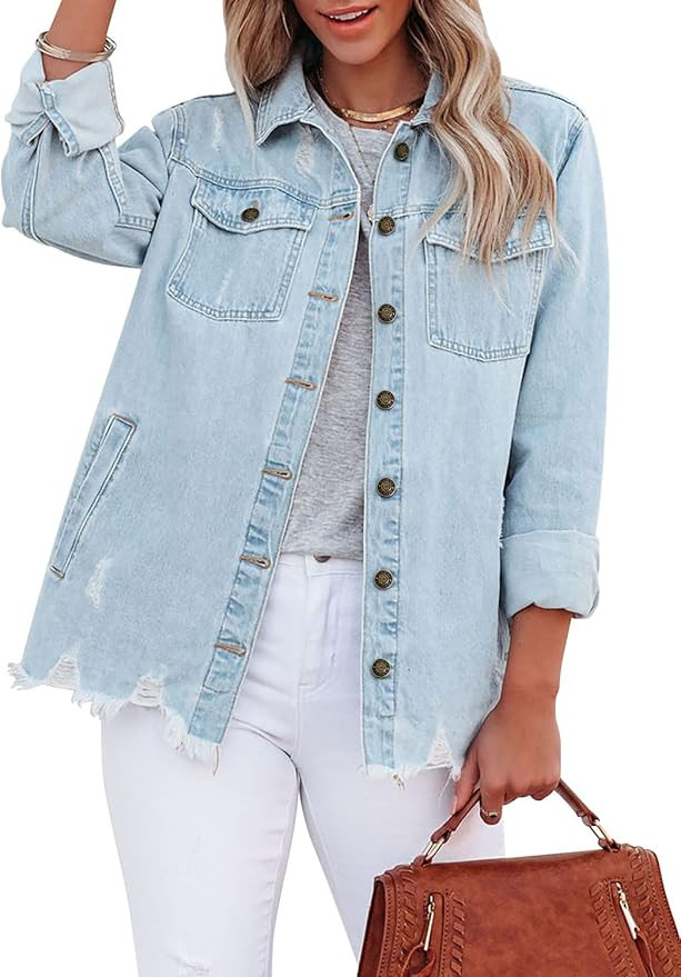 Angerella Women's Denim Jacket Casual Long Sleeve Boyfriend Distressed Buttton Down Jean Jacket C... | Amazon (US)