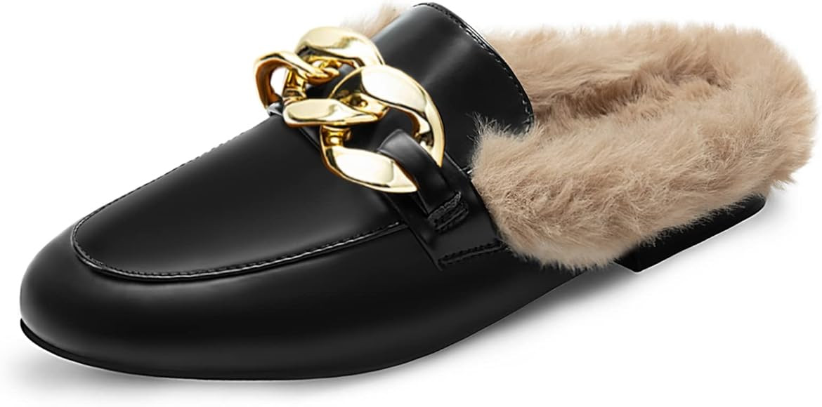 Athlefit Women's Flat Mules Backless Slip on Slides Loafers Chain Closed Toe Fur Mules for Women | Amazon (US)