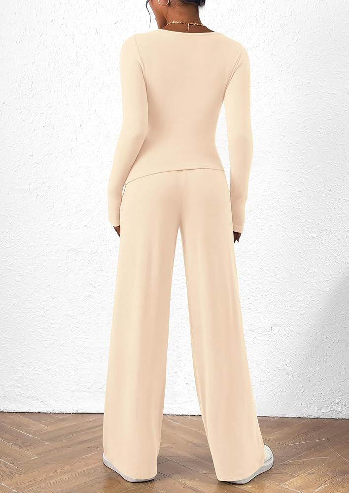 PRETTYGARDEN Women's 2 Piece Lounge Sets Asymmetrical Long Sleeve T Shirt Wide Leg Pants Casual O... | Amazon (US)