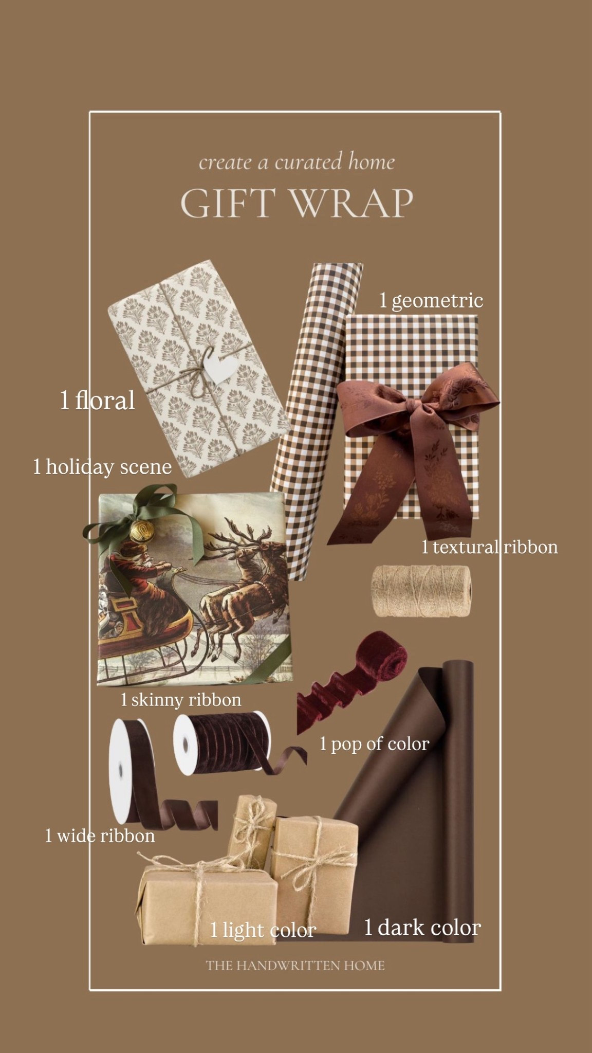 Neutral gift wrap combination that is perfect for mix and matching any piece!

Brown gingham wrapping paper 
Santa brown wrapping paper 
Brown floral wrapping paper 
Chocolate brown ribbon
Chocolate brown velvet ribbon
Burgundy velvet ribbon
Neutral Christmas decor


#LTKStyleTip #LTKHoliday #LTKGiftGuide