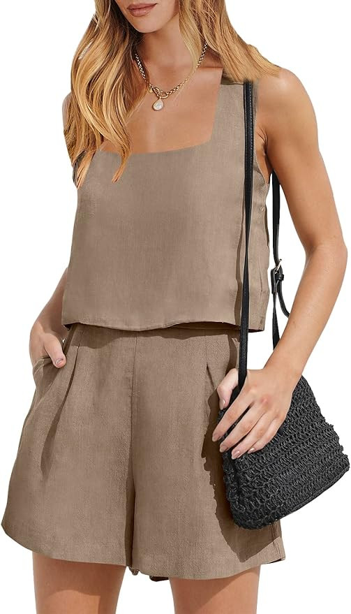 ANRABESS Women Linen 2 Two Piece Outfits Crop Shorts Set 2024 Summer Vacation Beach Clothes Loung... | Amazon (US)