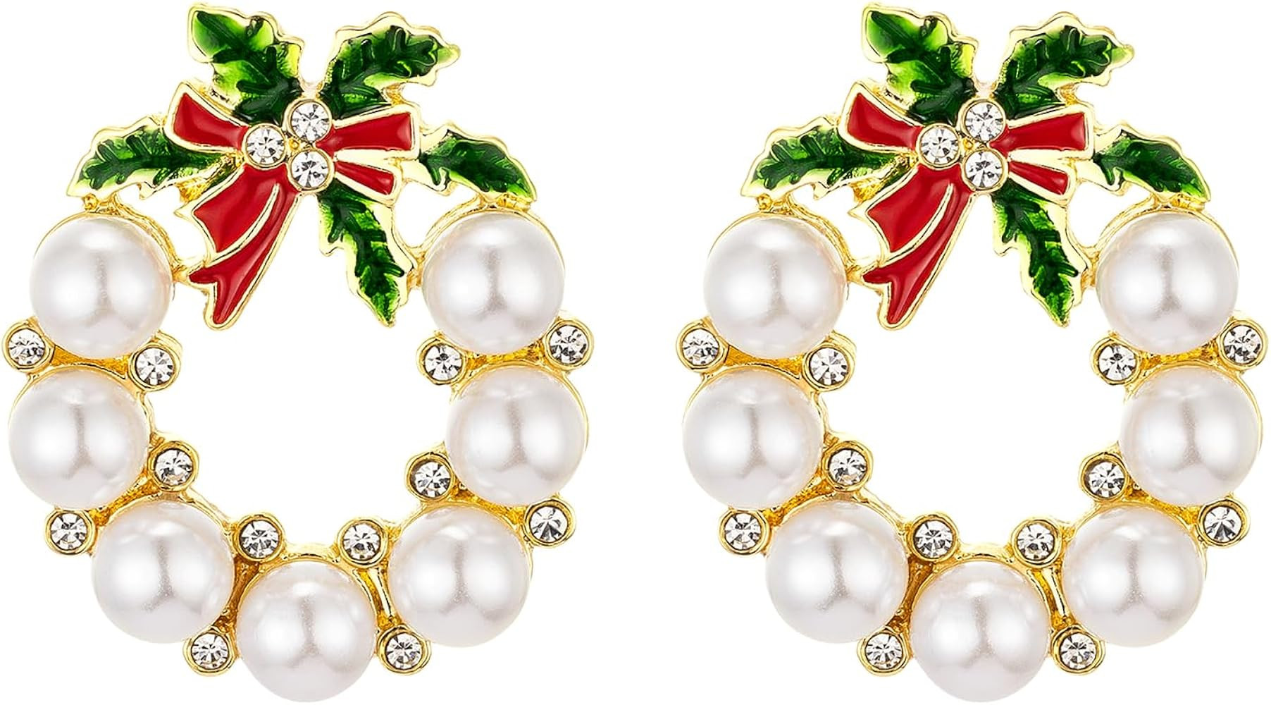Gold Christmas Wreath Stud Earrings for Women, Simulated Pearl Hoop Drop Earrings Christmas, E01N | Amazon (US)