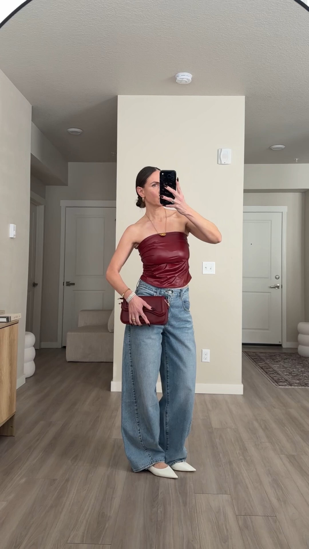 Linking exact Levi’s.  The color looks different online.  Wearing small in top.  Burgundy blazer is from asos.  Linked similar from Amazon.  Linking exact pointy toe shoes 🫶🏻🍒🍒