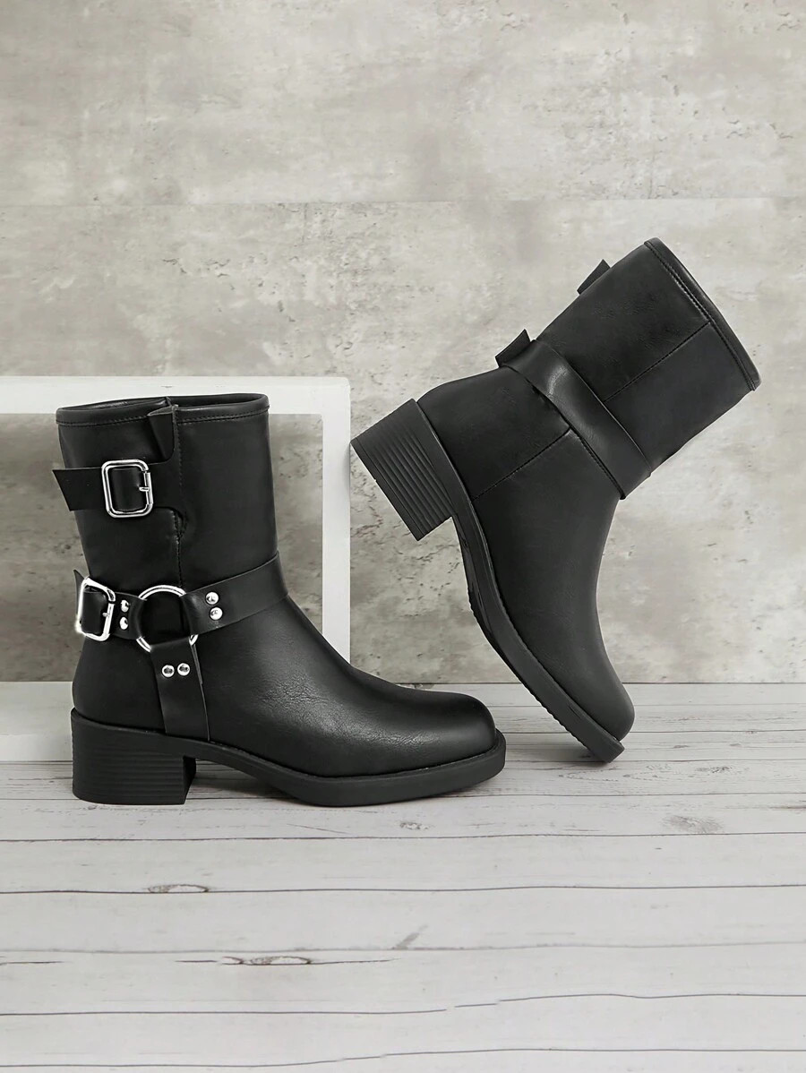 SHUZIA Women's Black Chunky Moto Boots With Double Buckle Straps And Golden Hardware-Comfortable ... | SHEIN