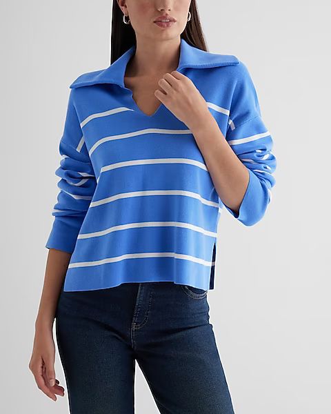 Relaxed Striped V-Neck Polo Sweater | Express
