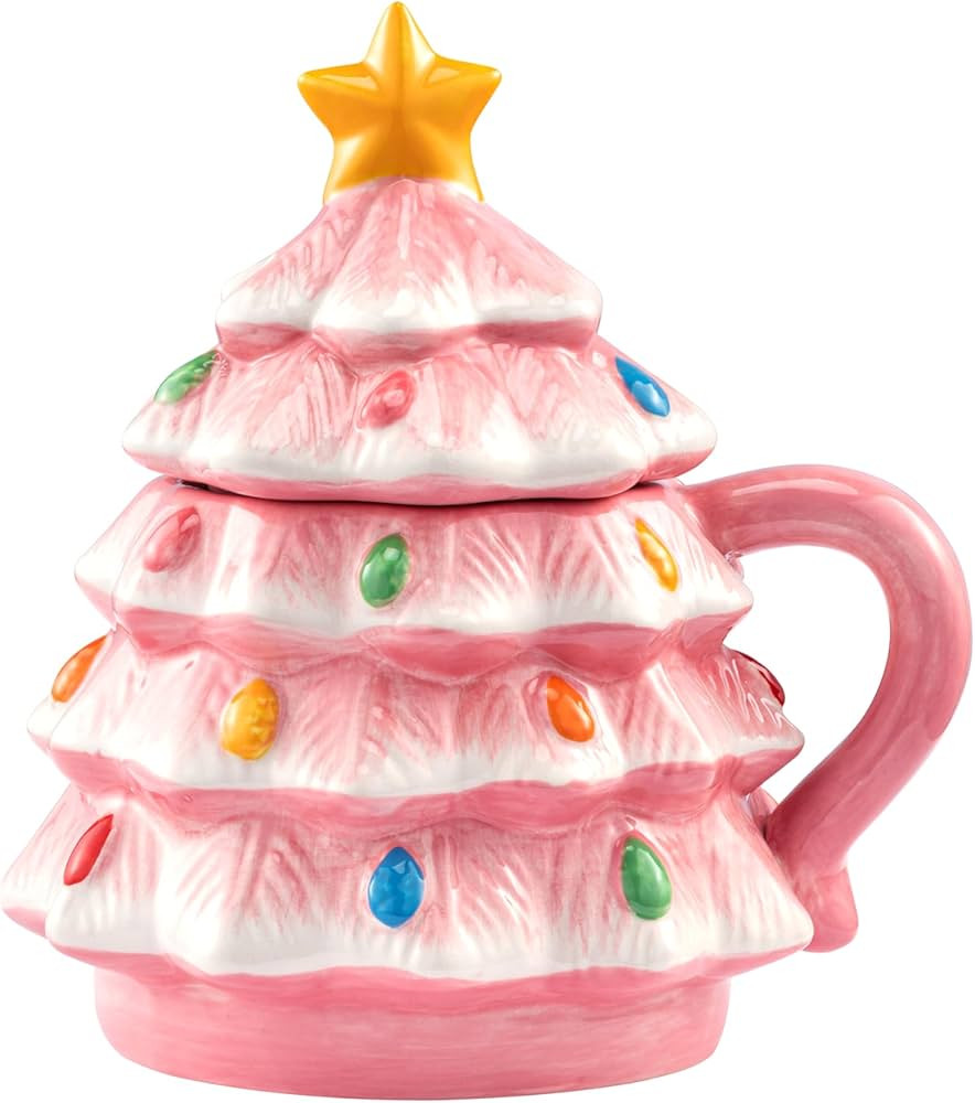 Mr. Christmas 16 oz. Nostalgic Ceramic Tree Lidded Mug - Pink | Amazon (US)