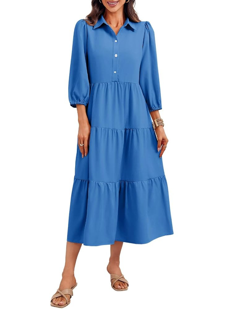 Wenrine Womens Casual 3/4 Sleeve Shirt Dress Button Down V Neck Tiered Collared Flowy Maxi Dress | Amazon (US)