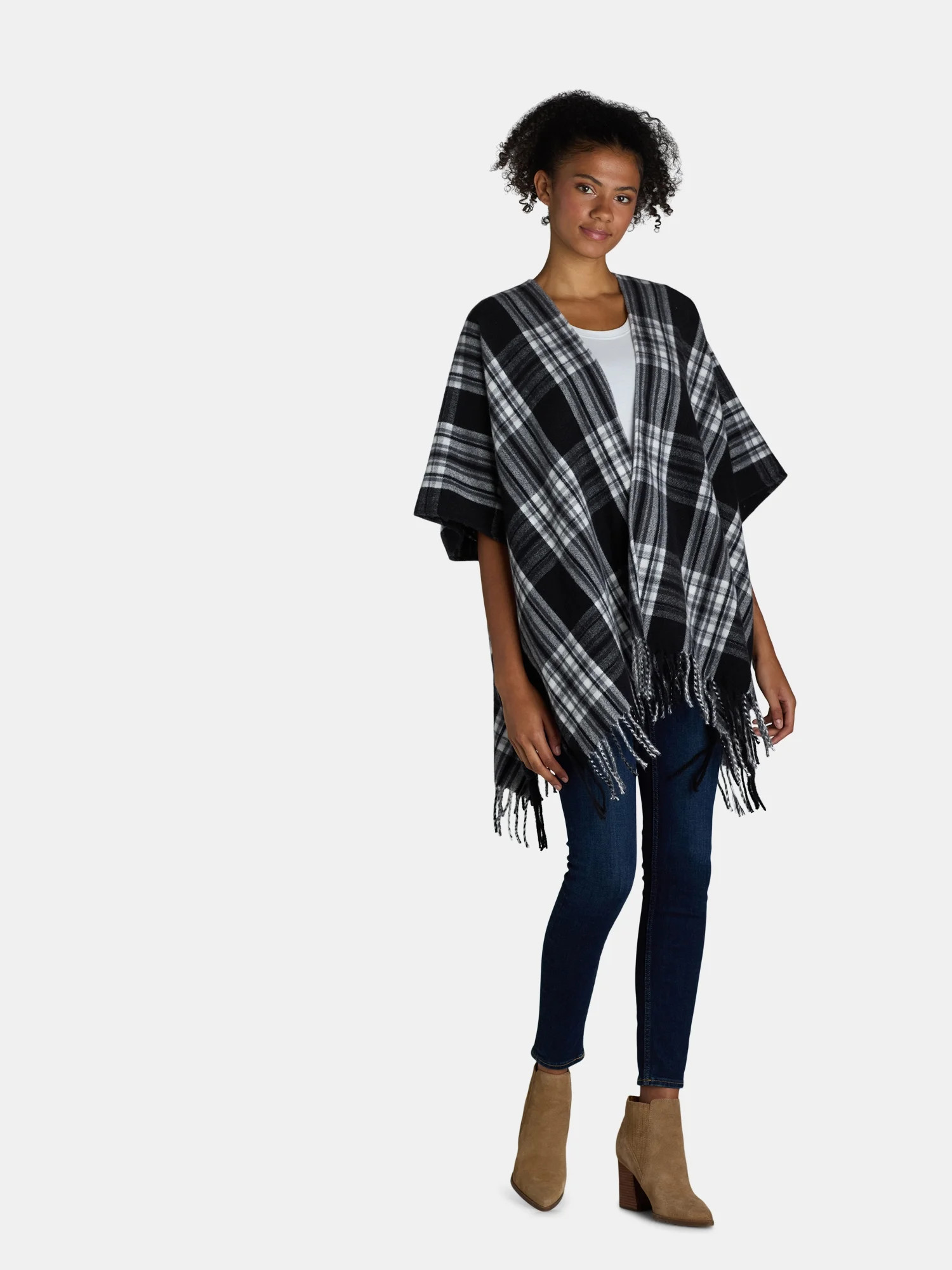 Time and Tru Women's Plaid Fashion Ruana, One Size, Black | Walmart (US)