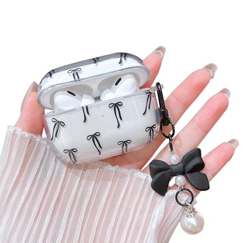 MINSCOSE Compatible with AirPods Pro 2nd/1st Generation Case Clear Case,Cute Ribbon Bow Aesthetic Design with Bow Pearl Keychain, Soft TPU Protective Shockproof Cover for AirPods Pro/Pro 2-Black | Amazon (US)