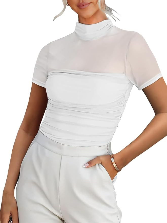 ANRABESS Womens Summer Sexy Mock Turtle Neck Short Sleeve Tops Sheer Mesh Shirts Slim Blouse Tren... | Amazon (US)