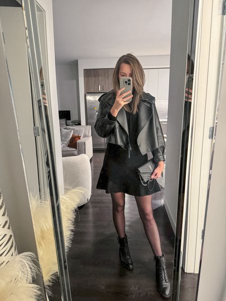 Oversized leather jacket, mini skirt, black tights, black booties, black clutch 

#LTKstyletip #LTKCyberWeek #LTKparties