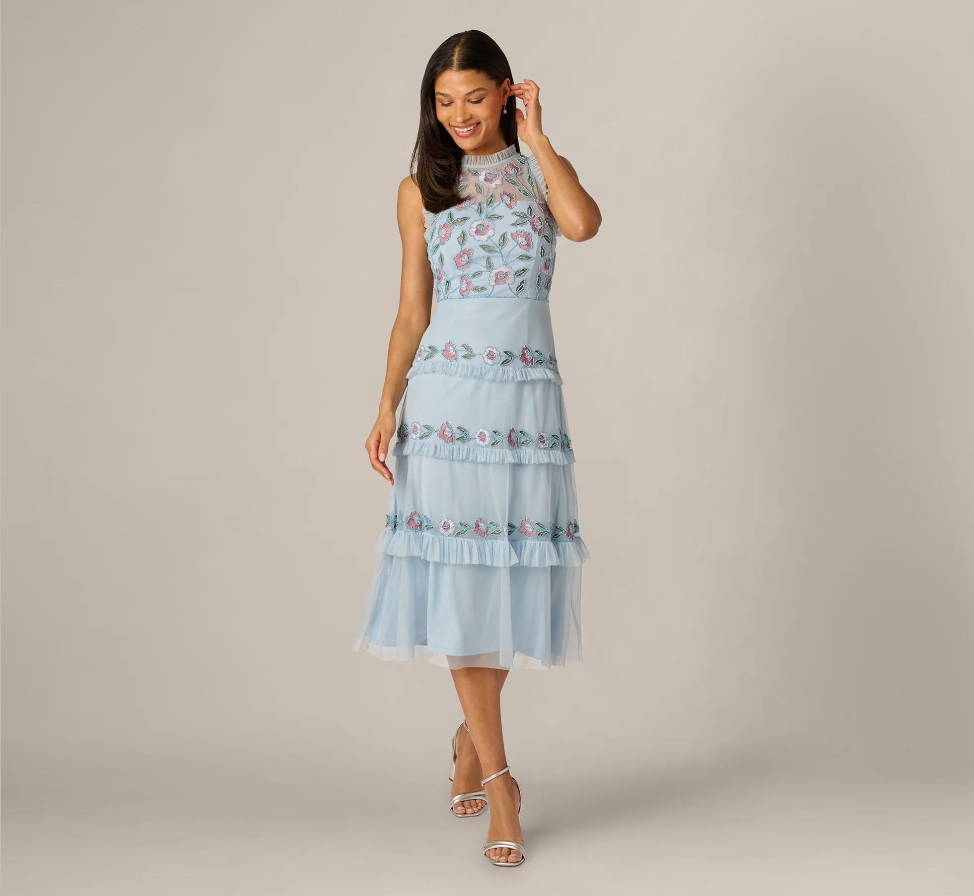 Sleeveless Floral Beaded Embroidery Ruffle Midi Dress In Elegant Sky M | Adrianna Papell