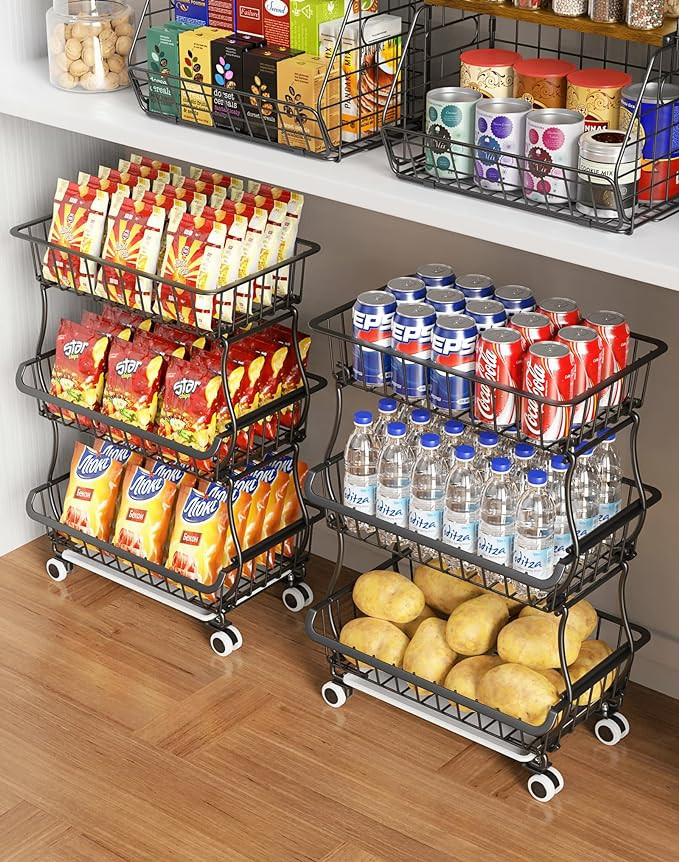 3-Tier Rolling Pantry Floor Organizer and Storage Cart with Wheels, Stackable Wire Pantry Baskets... | Amazon (US)