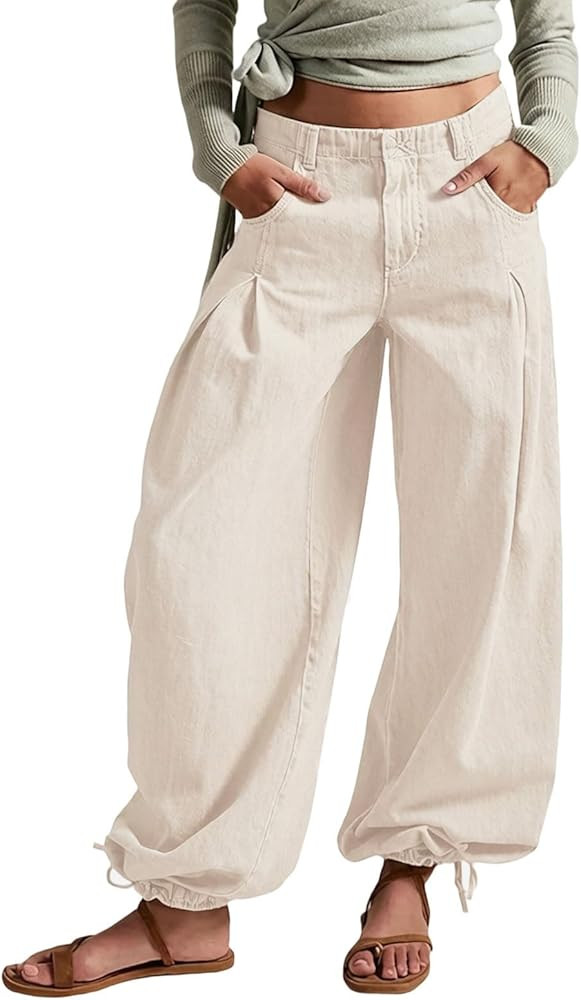 CHARTOU Pantalones de mezclilla Y2k Lotus para mujer, con lazo, globo, pierna ancha, cintura medi... | Amazon (US)