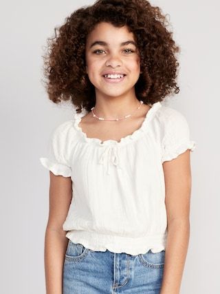 Short Puff-Sleeve Smocked Double-Weave Top for Girls | Old Navy (US)