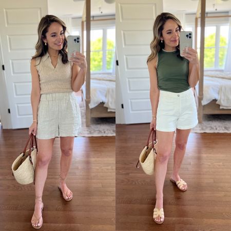 Outfits from left 
Outfit 1: 
Shorts: xxs 
Top: petite xs 
Sandals: size up if in between sizes 

Outfit 2: 
Top: petite xxs 
Shorts: 24 
Sandals: tts 

#LTKstyletip #LTKSeasonal