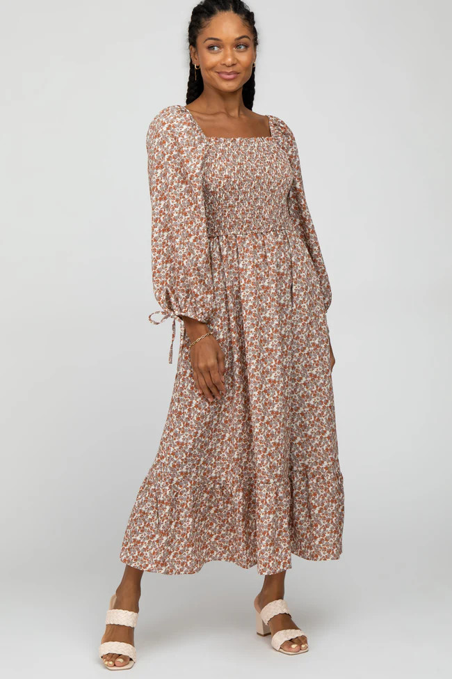 Rust Floral Smocked Tie Sleeve Ruffle Hem Dress | PinkBlush Maternity