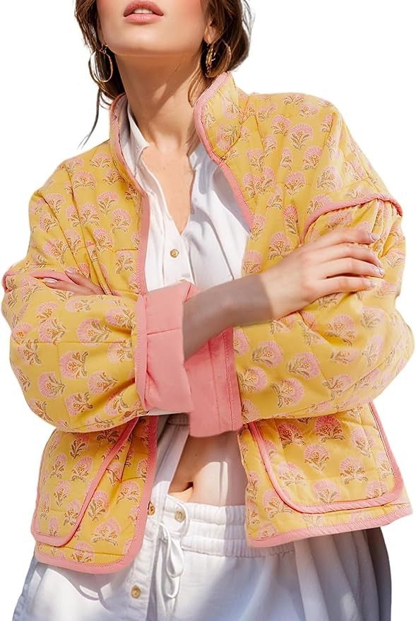 TUREAU Womens Floral Quilted Jackets Lightweight Cropped Button Down Padded Puffer Jacket Winter ... | Amazon (US)