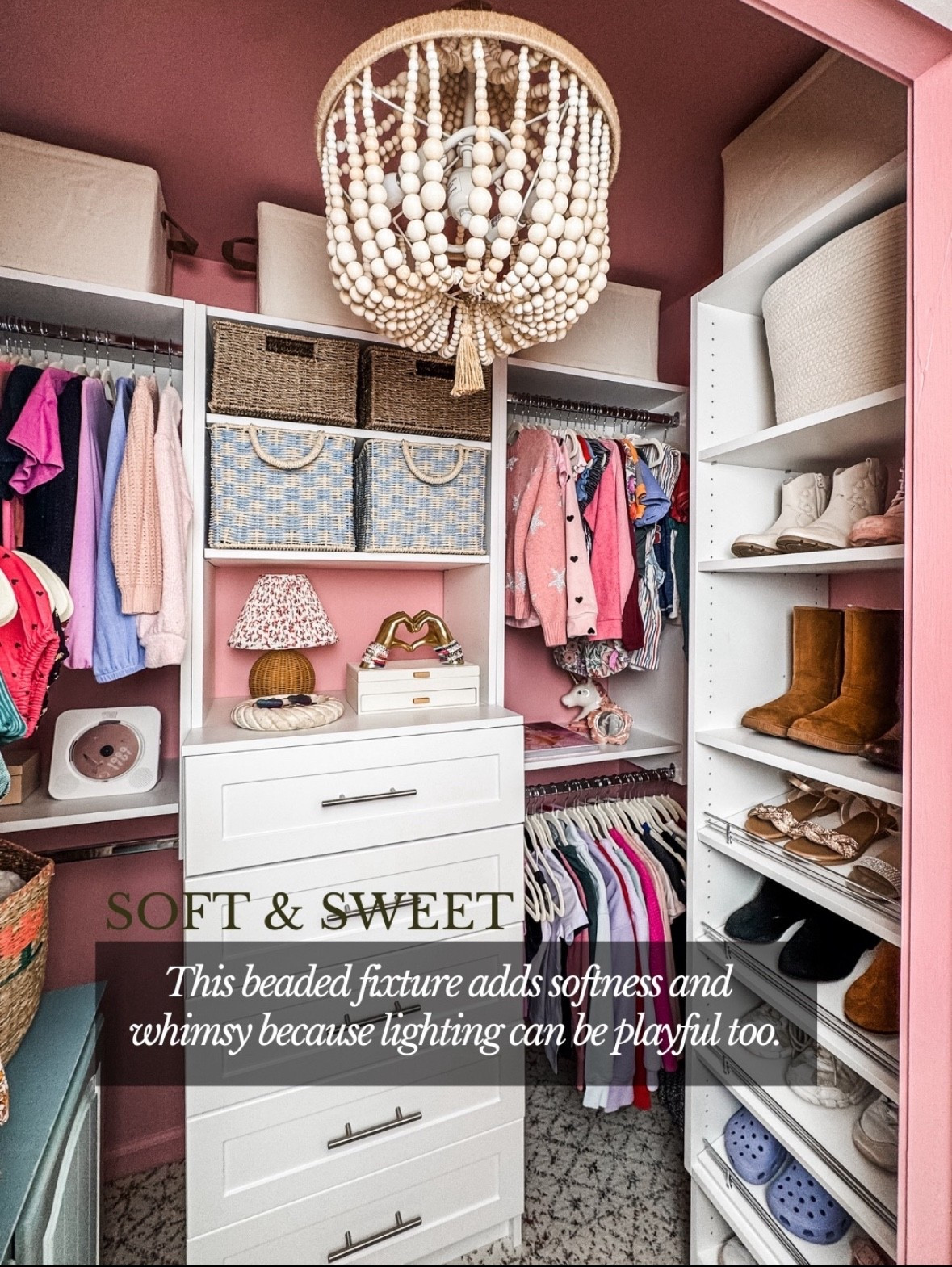 Soft, sweet, and thoughtfully layered 🤍
This beaded chandelier brings a playful glow to this pink closet while adding texture and warmth overhead. Paired with custom closet shelving, woven storage baskets, white drawer units, and open hanging rods, the space feels both functional and whimsical. Neutral woven bins, shoe shelves, and organized kids clothing balance the softness of the blush walls, proving that even practical spaces deserve beautiful statement lighting. Linked on LTK ✨

#eanesinteriors #closetdesign #kidscloset #beadedchandelier #statementlighting #closetorganization #pinkinteriors #wovenbaskets #customcloset #storageideas #ltkhome #ltkinspo

#LTKdayinmylife #LTKHome #LTKstorytime