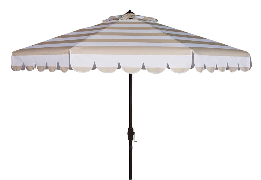 SAFAVIEH 9ft Outdoor Patio Umbrella, Round, Maui Collection, Beige & White Stripe, Crank, Button ... | Amazon (US)