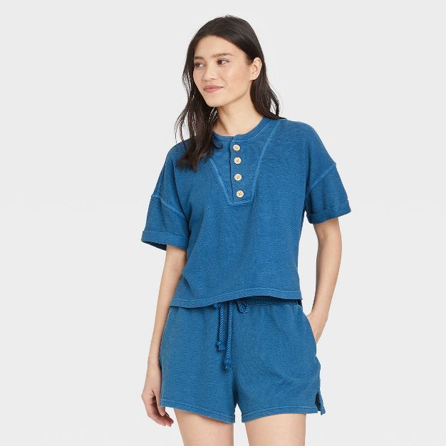 Women&#39;s Short Sleeve French Terry Henley Shirt - Universal Thread&#8482; Blue S | Target