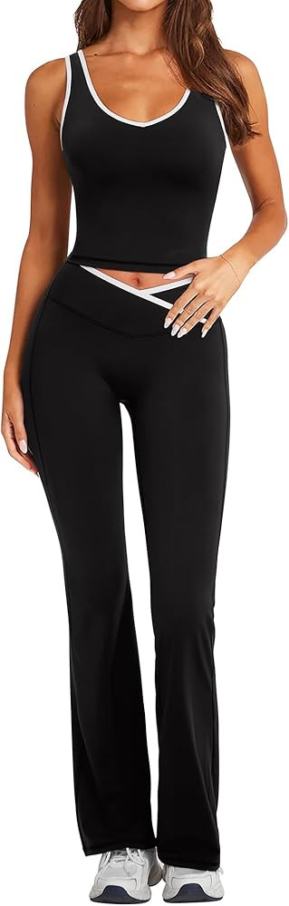 RXRXCOCO Women's Workout Sets 2 Piece Flare Leggings Butt Lifting Crop Tank Top Matching Set Colo... | Amazon (US)