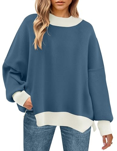 ZESICA Women's Winter Oversized Sweaters Long Sleeve Color Block Mock Neck Side Slit Comfy Loose Knitted Pullover Tops,Dusty Blue,X-Large | Amazon (US)