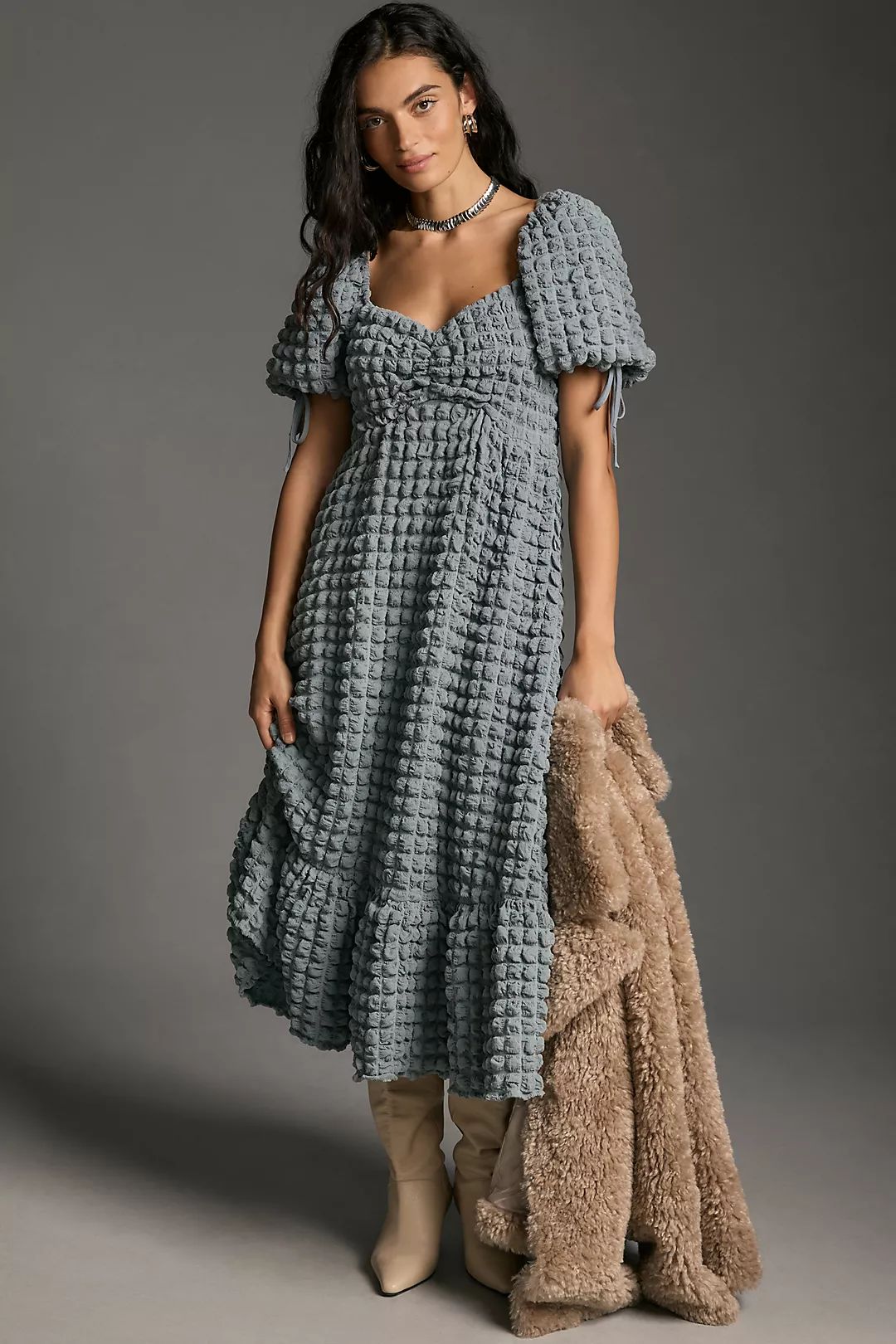 Endless Rose Puff-Sleeve Sweetheart Textured Midi Dress | Anthropologie (US)