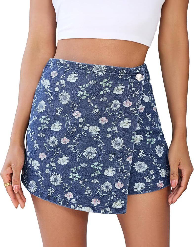 luvamia Denim Skorts for Woman Trendy Floral Print Faux Wrap Stretchy High Waisted Elasitc Waist ... | Amazon (US)