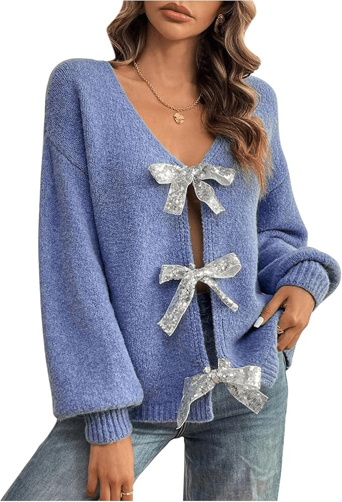 SHENHE Women's V Neck Long Sleeve Sequin Bow Sweater Loose Fit Sexy Sweater Pullover Top | Amazon (US)