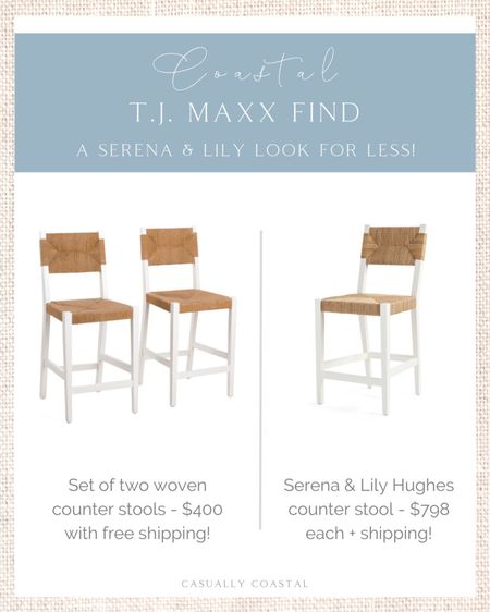 These woven counter stools from T.J. Maxx are SO similar to Serena & Lily’s pricey Hughes counter stool which retail for $798! This set of two stools from T.J. Maxx is just $400 with free shipping (use code “SHIP89)!

- 
coastal decor, beach house decor, beach decor, beach style, coastal home, coastal home decor, coastal decorating, coastal interiors, coastal house decor, beach style, neutral home decor, neutral home, natural home decor, serena & lily dupe, TJ Maxx home, designer look for less, designer dupe, woven stools, white stools, coastal kitchen stools, affordable stools, Serena & lily dupe stools, white kitchen stools, navy kitchen stools, coastal kitchen

#LTKstyletip #LTKFind #LTKhome