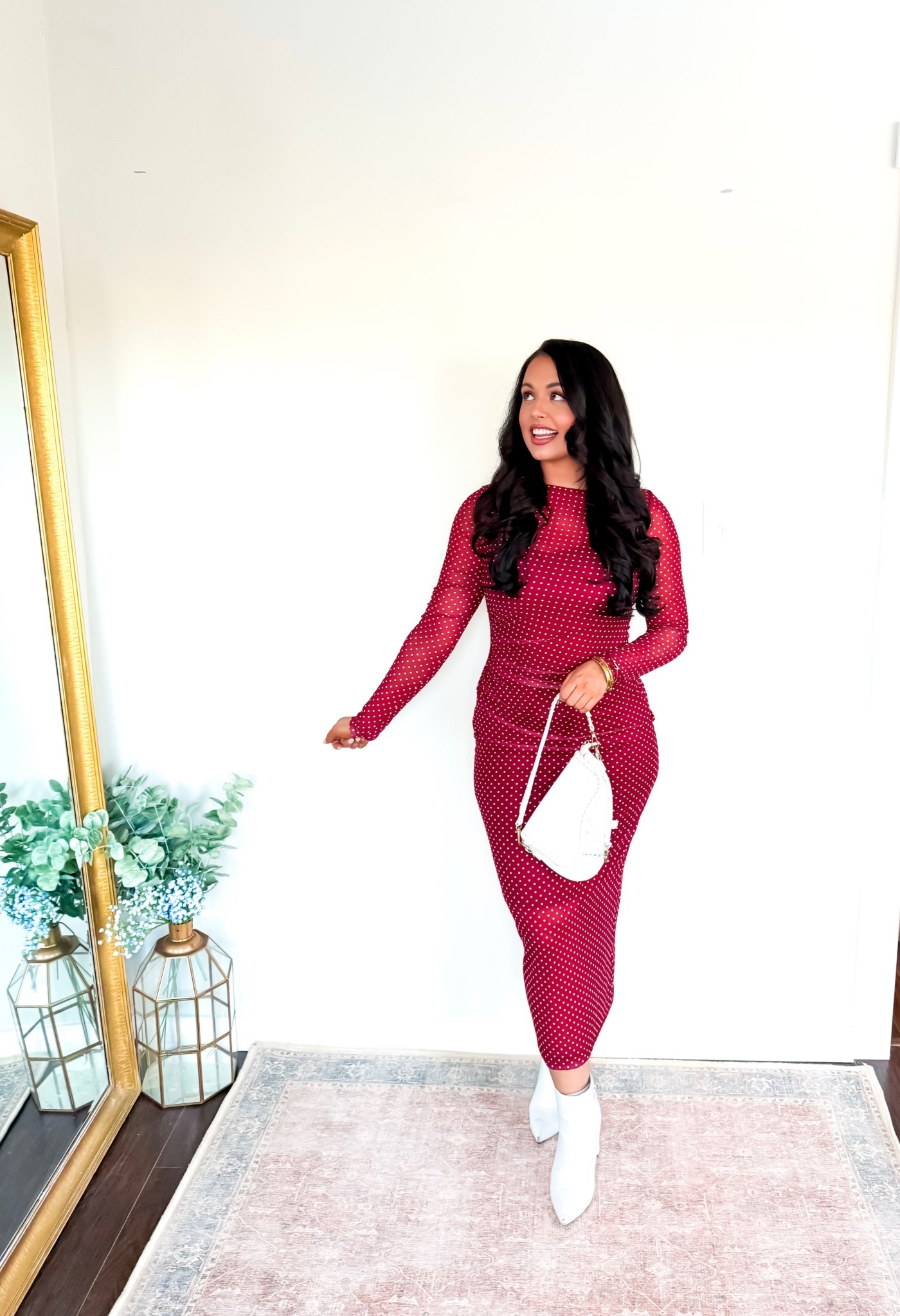 Under $32 Amazon polka dot sheer maxi dress (comes in numerous colors), under $35 white leather booties (tts) #founditonamazon 

#LTKootd #LTKValentine #LTKSaleAlert