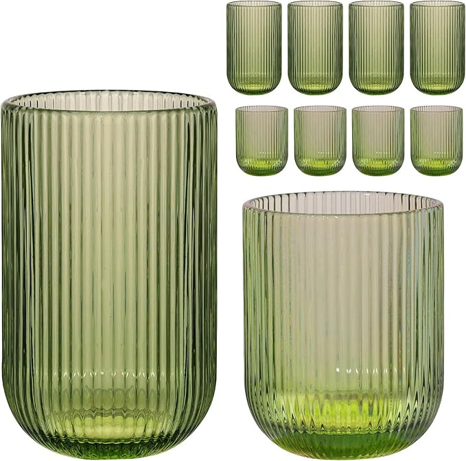Set of 8 Ribbed Glassware,4 Highball Glasses 14oz & 4 Rocks Drinking Glasses 9oz, Green, Origami ... | Amazon (US)