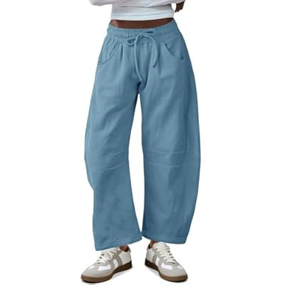 Fisoew Womens Barrel Leg Sweatpant Drawstring Elastic Waisted Wide Leg Pants Casual Active Pants ... | Amazon (US)