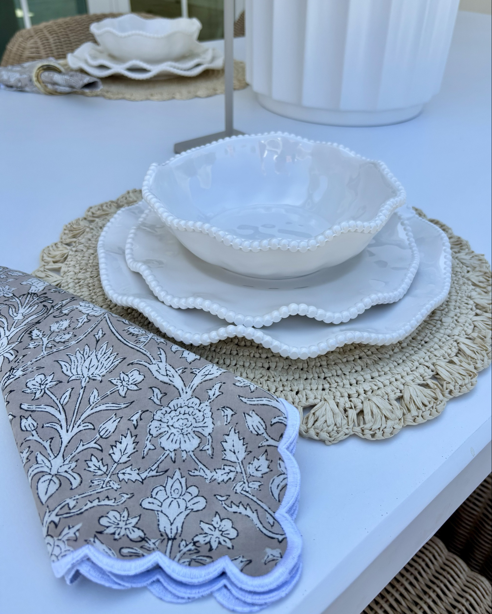 Spring/summer table // Beautiful melamine dishes for outdoor living but also great for any occasion! LOVE the pearlescent finish and beaded edge. Elegant yet practical! These napkins are available in multiple color options to match any style. Shown here in color “taupe”.
Also linking placemat and napkin rings I’ll be using all season.


#LTKHome #LTKStyleTip #LTKSeasonal